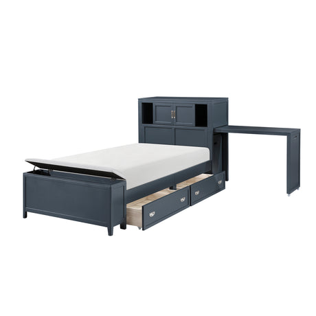 Sloane Navy Blue Twin Bookcase Bed with Hidden Desk, Stool and Storage Bench from Homelegance - Luna Furniture