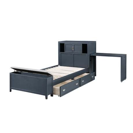 Sloane Navy Blue Twin Bookcase Bed with Hidden Desk, Stool and Storage Bench from Homelegance - Luna Furniture