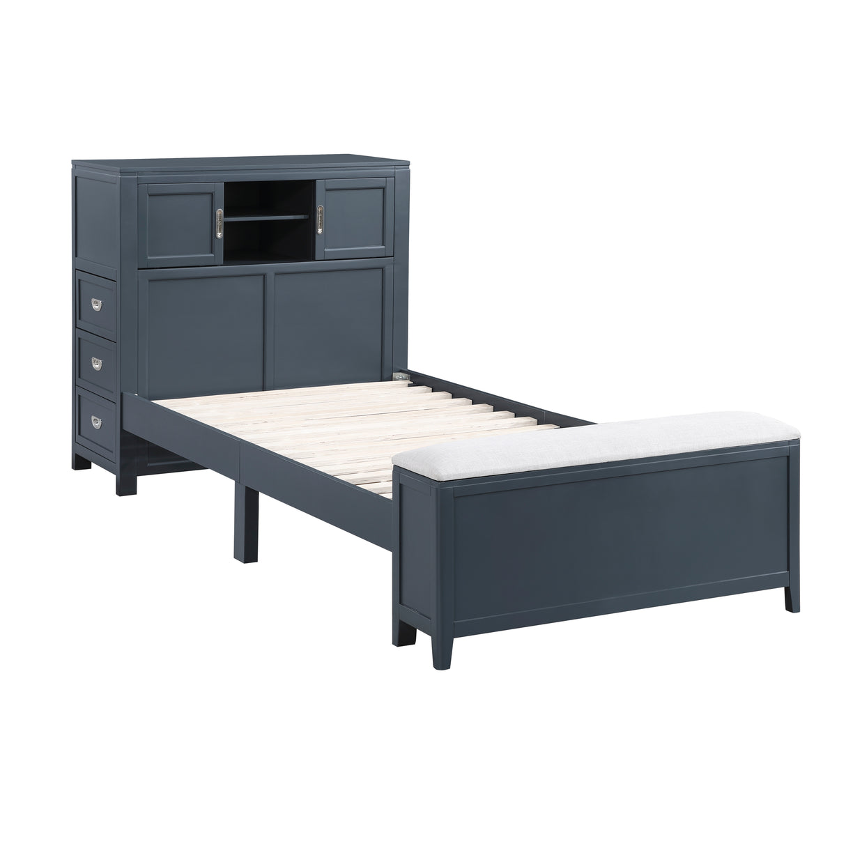 Sloane Navy Blue Twin Bookcase Bed with Hidden Desk, Stool and Storage Bench from Homelegance - Luna Furniture