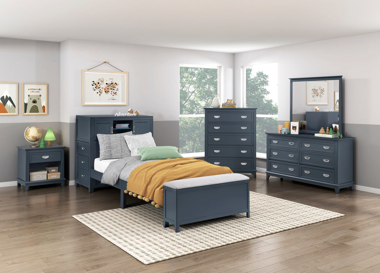 Sloane Navy Blue Twin Bookcase Bed with Hidden Desk, Stool and Storage Bench from Homelegance - Luna Furniture