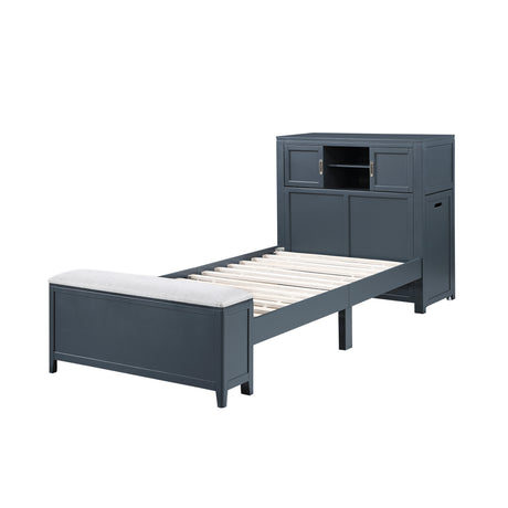 Sloane Navy Blue Twin Bookcase Bed with Hidden Desk, Stool and Storage Bench from Homelegance - Luna Furniture