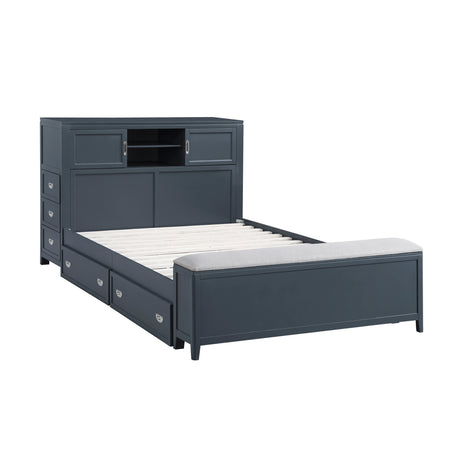 Sloane Navy Blue Full Bookcase Bed with Hidden Desk, Stool and Storage Bench from Homelegance - Luna Furniture