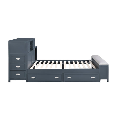Sloane Navy Blue Full Bookcase Bed with Hidden Desk, Stool and Storage Bench from Homelegance - Luna Furniture