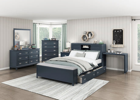Sloane Navy Blue Full Bookcase Bed with Hidden Desk, Stool and Storage Bench from Homelegance - Luna Furniture