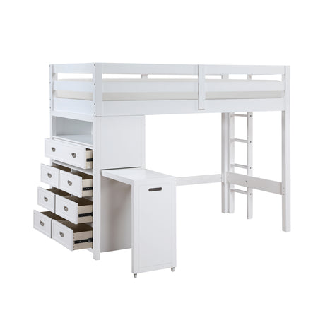 Sloane White Twin/Full Loft Bunk Bed with Chest and Hidden Desk from Homelegance - Luna Furniture