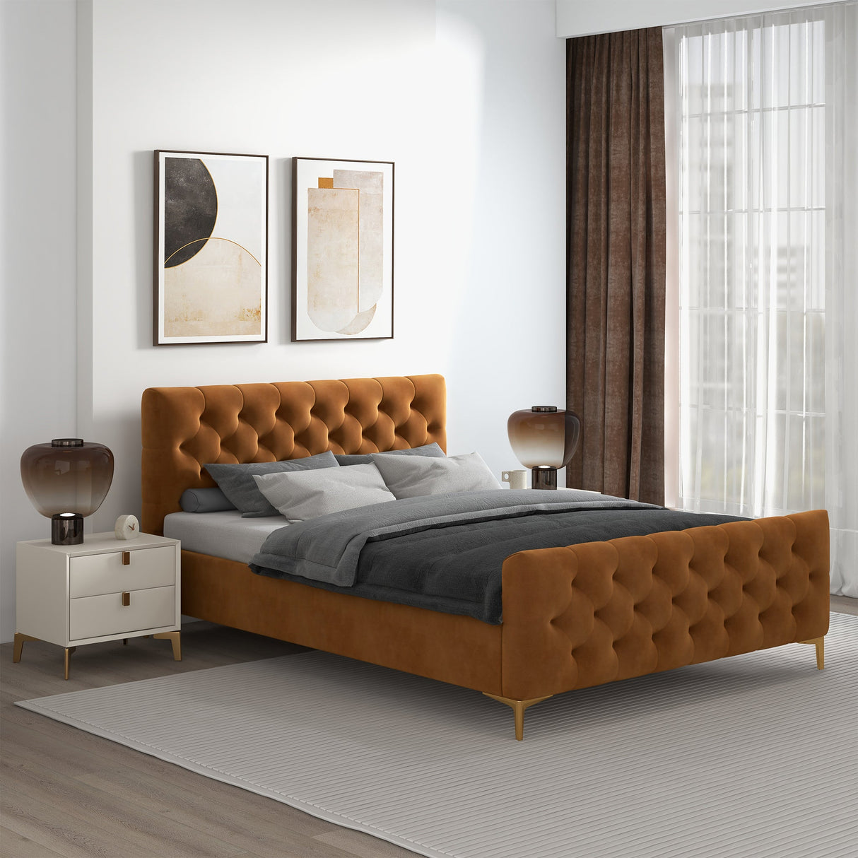 Bailey Cognac Velvet Queen Bed from Midinmod - Luna Furniture