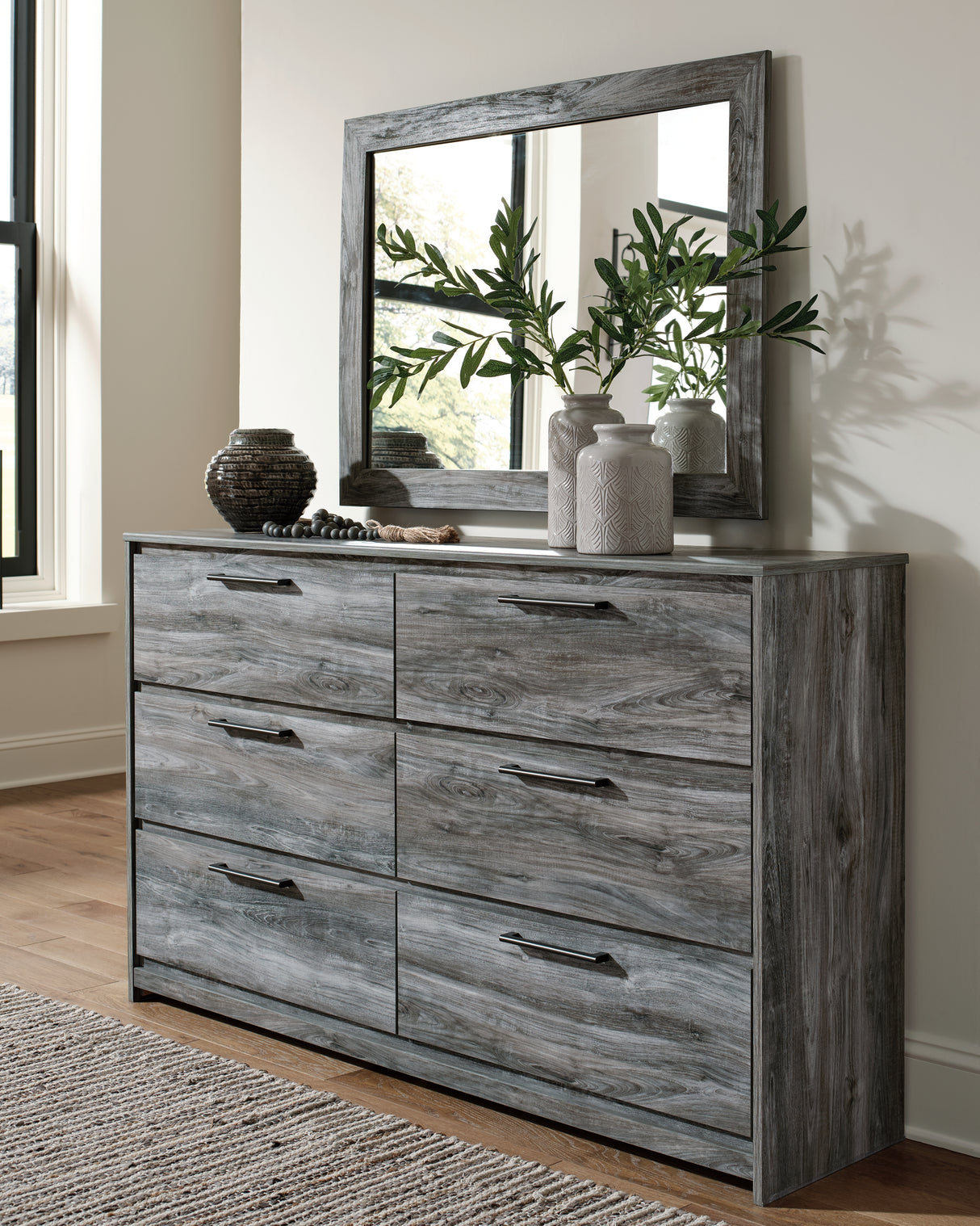 Baystorm Gray King Panel Bed, Dresser, Mirror, Chest and 2 Nightstands from Ashley - Luna Furniture