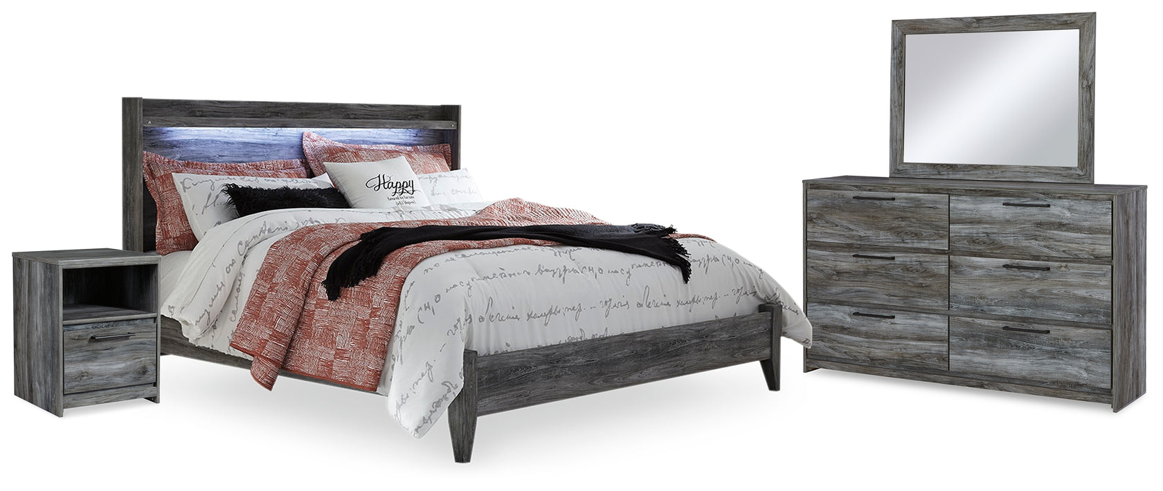 Baystorm King Panel Bed with Mirrored Dresser and Nightstand in Gray from Ashley - Luna Furniture