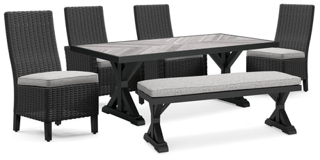Beachcroft Black/Light Gray Outdoor Dining Table, 4 Chairs and Bench - P792P4
