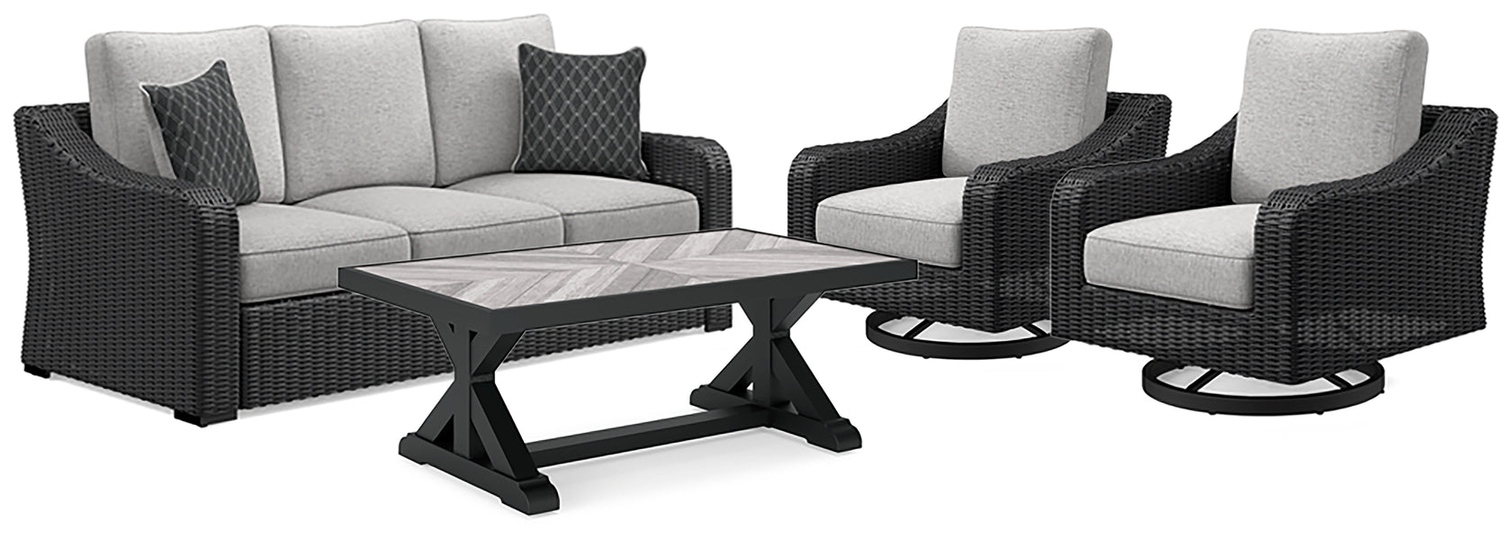 Beachcroft Outdoor Sofa and 2 Chairs with Coffee Table in Black/Light Gray from Ashley - Luna Furniture