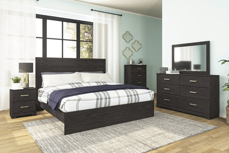 Belachime King Panel Bed with Mirrored Dresser and Chest in Charcoal from Ashley - Luna Furniture