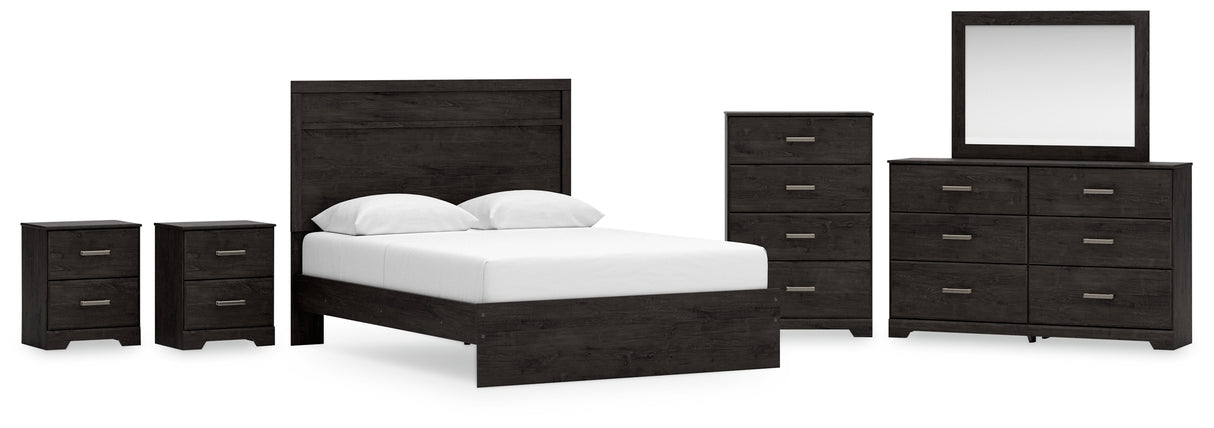 Belachime Queen Panel Bed with Mirrored Dresser, Chest and 2 Nightstands in Charcoal from Ashley - Luna Furniture