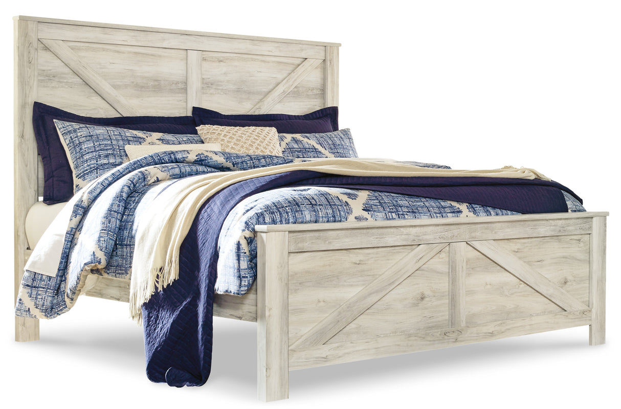 Bellaby King Crossbuck Panel Bed with Mirrored Dresser, Chest and 2 Nightstands in Whitewash from Ashley - Luna Furniture