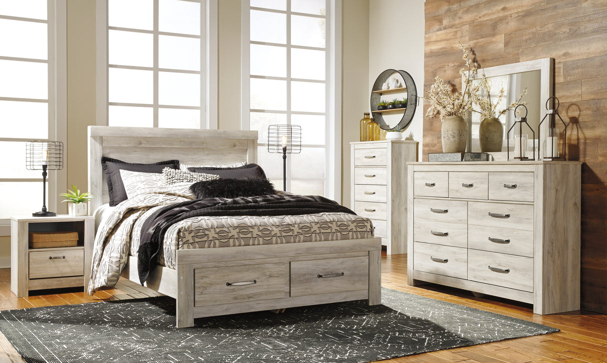 Bellaby Queen Platform Bed with 2 Storage Drawers with Mirrored Dresser, Chest and 2 Nightstands in Whitewash from Ashley - Luna Furniture
