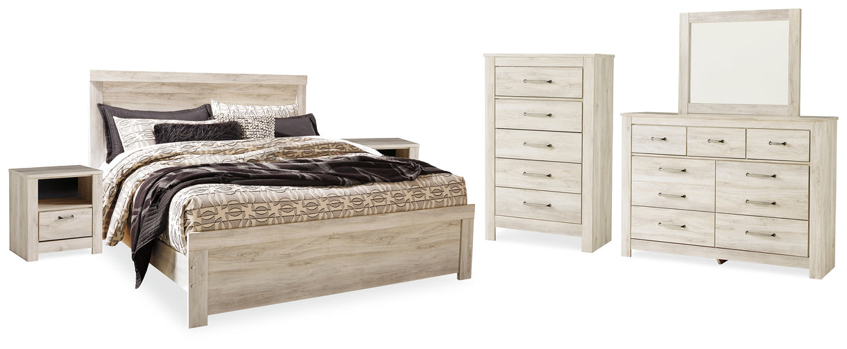 Bellaby Whitewash King Panel Bed, Dresser, Mirror, Chest and 2 Nightstands from Ashley - Luna Furniture