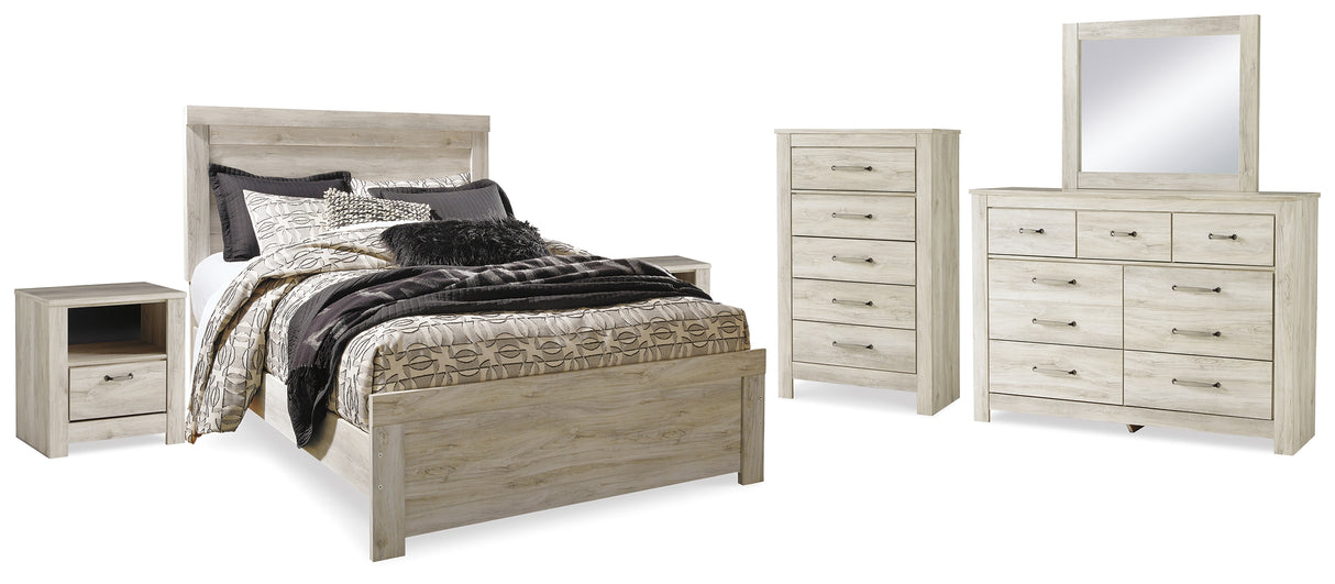 Bellaby Whitewash Queen Panel Bed, Dresser, Mirror, Chest and 2 Nightstands from Ashley - Luna Furniture