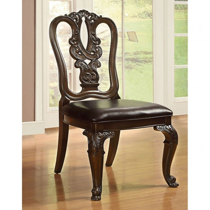 Bellagio Brown dining chair, ornate carved back and dark upholstered seat, front view