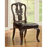 Bellagio Brown dining chair, dark leatherette seat, carved scroll back, three-quarter view