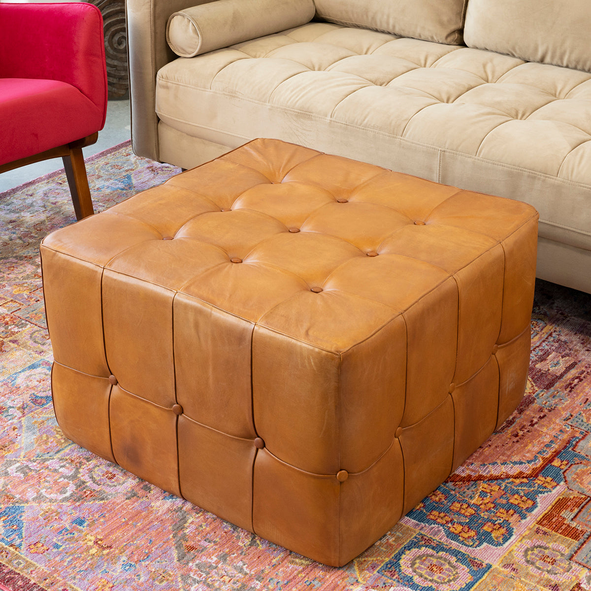 Benjiro Tan Leather Square Ottoman from Midinmod - Luna Furniture