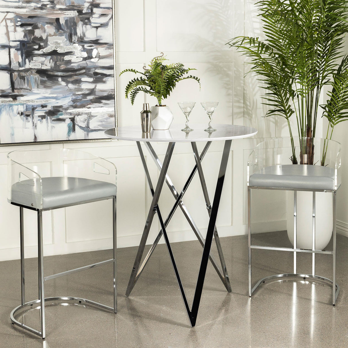 Bexter White and Chrome Faux Marble Round Top Bar Table from Coaster - Luna Furniture