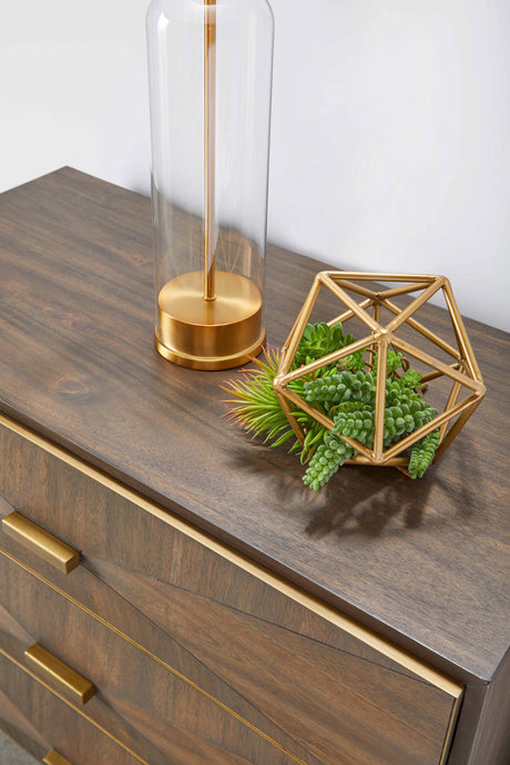 Wynn 3-Drawer Nightstand in Burnished Brown Acacia, Brushed Gold from Essentials For Living - Luna Furniture