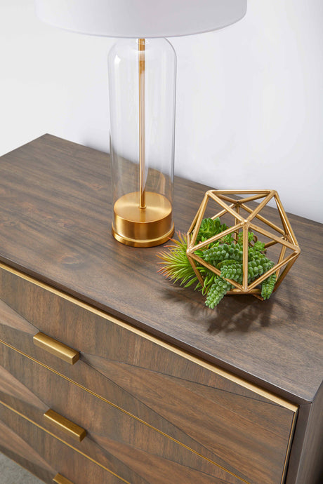 Wynn 3-Drawer Nightstand in Burnished Brown Acacia, Brushed Gold from Essentials For Living - Luna Furniture