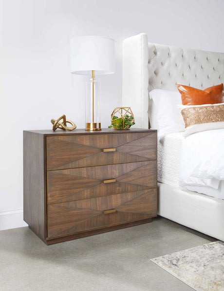 Wynn 3-Drawer Nightstand in Burnished Brown Acacia, Brushed Gold from Essentials For Living - Luna Furniture