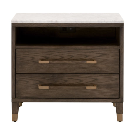 Cambria 2-Drawer Nightstand in Dutch Brown Oak, Bianco Marble, Aged Brass from Essentials For Living - Luna Furniture