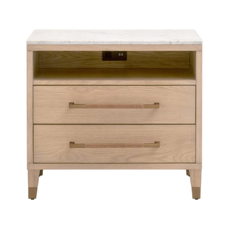 Cambria 2-Drawer Nightstand in Natural Oak, Bianco Marble, Aged Brass from Essentials For Living - Luna Furniture