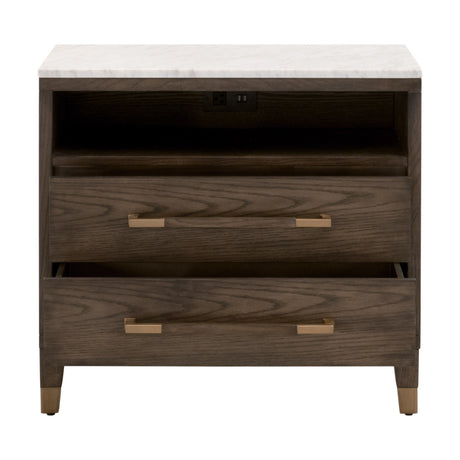 Cambria 2-Drawer Nightstand in Dutch Brown Oak, Bianco Marble, Aged Brass from Essentials For Living - Luna Furniture