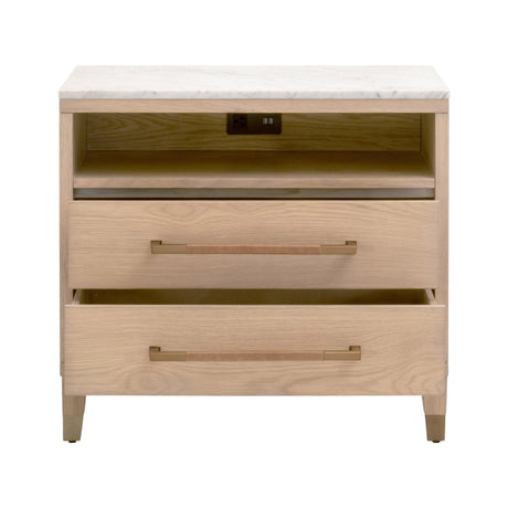 Cambria 2-Drawer Nightstand in Natural Oak, Bianco Marble, Aged Brass from Essentials For Living - Luna Furniture