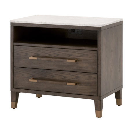 Cambria 2-Drawer Nightstand in Dutch Brown Oak, Bianco Marble, Aged Brass from Essentials For Living - Luna Furniture