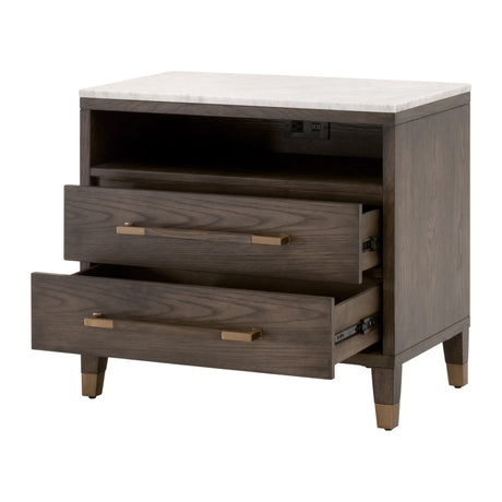 Cambria 2-Drawer Nightstand in Dutch Brown Oak, Bianco Marble, Aged Brass from Essentials For Living - Luna Furniture