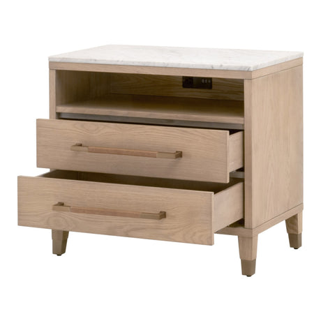 Cambria 2-Drawer Nightstand in Natural Oak, Bianco Marble, Aged Brass from Essentials For Living - Luna Furniture