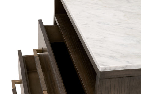 Cambria 2-Drawer Nightstand in Dutch Brown Oak, Bianco Marble, Aged Brass from Essentials For Living - Luna Furniture