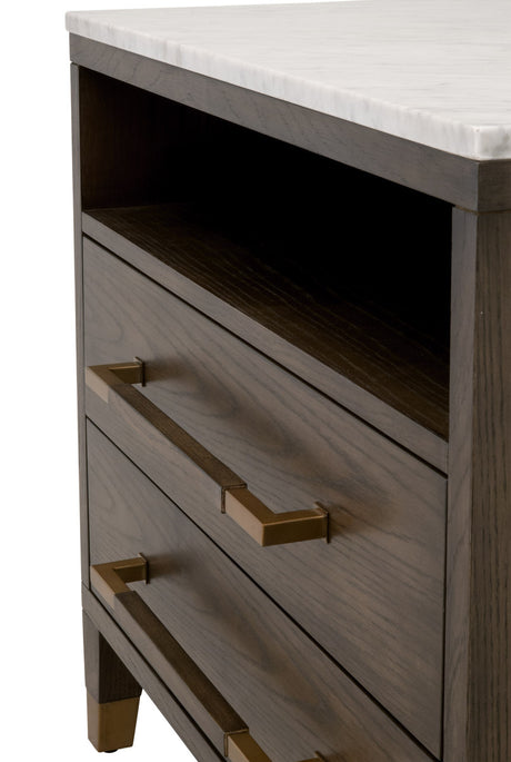 Cambria 2-Drawer Nightstand in Dutch Brown Oak, Bianco Marble, Aged Brass from Essentials For Living - Luna Furniture