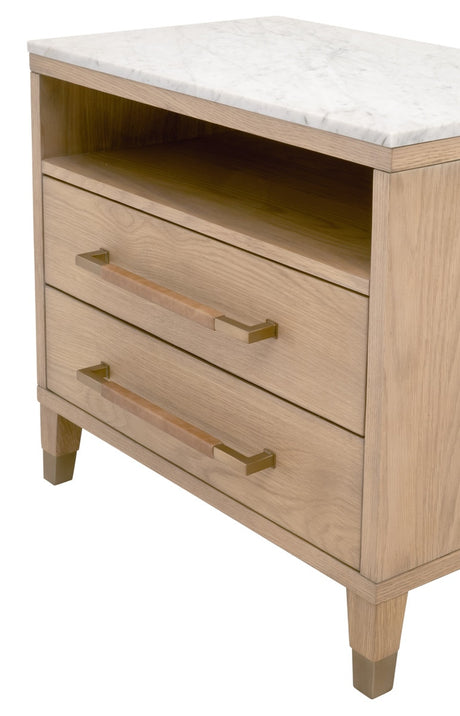 Cambria 2-Drawer Nightstand in Natural Oak, Bianco Marble, Aged Brass from Essentials For Living - Luna Furniture