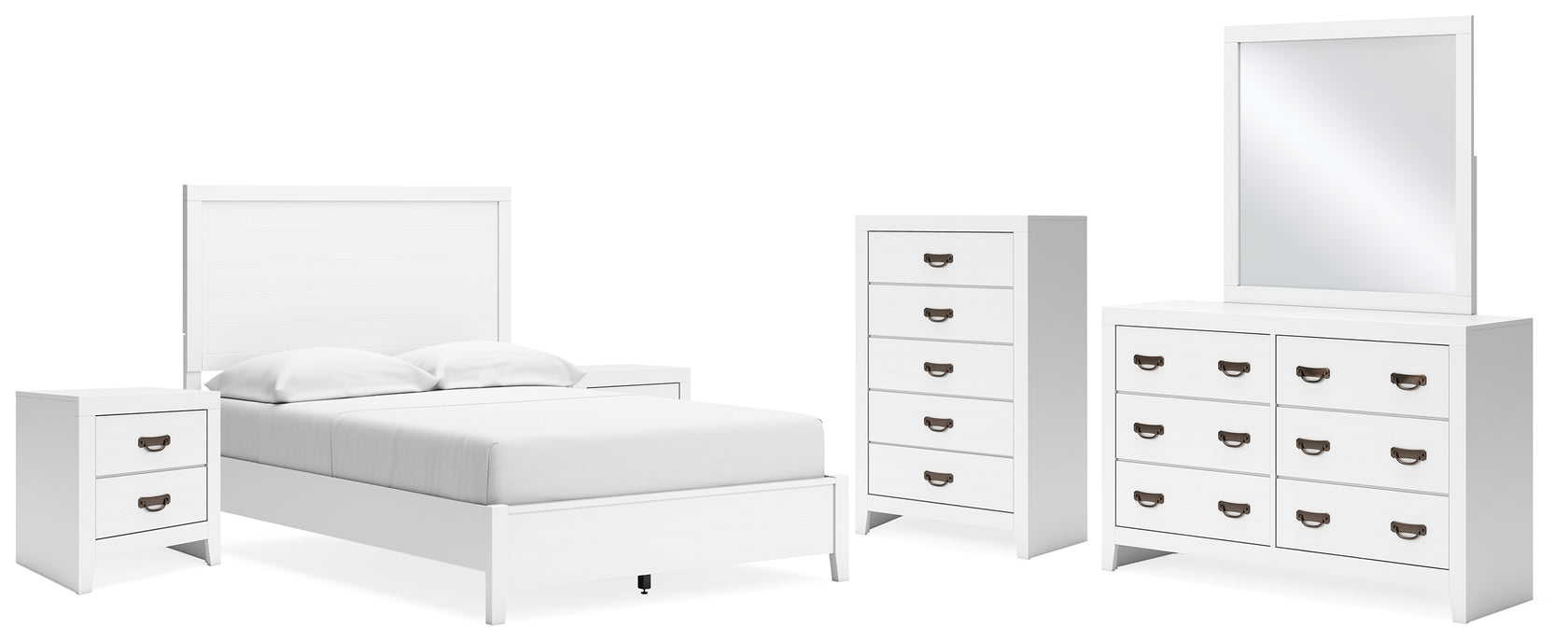 Binterglen Full Panel Bed with Mirrored Dresser, Chest and 2 Nightstands in White from Ashley - Luna Furniture