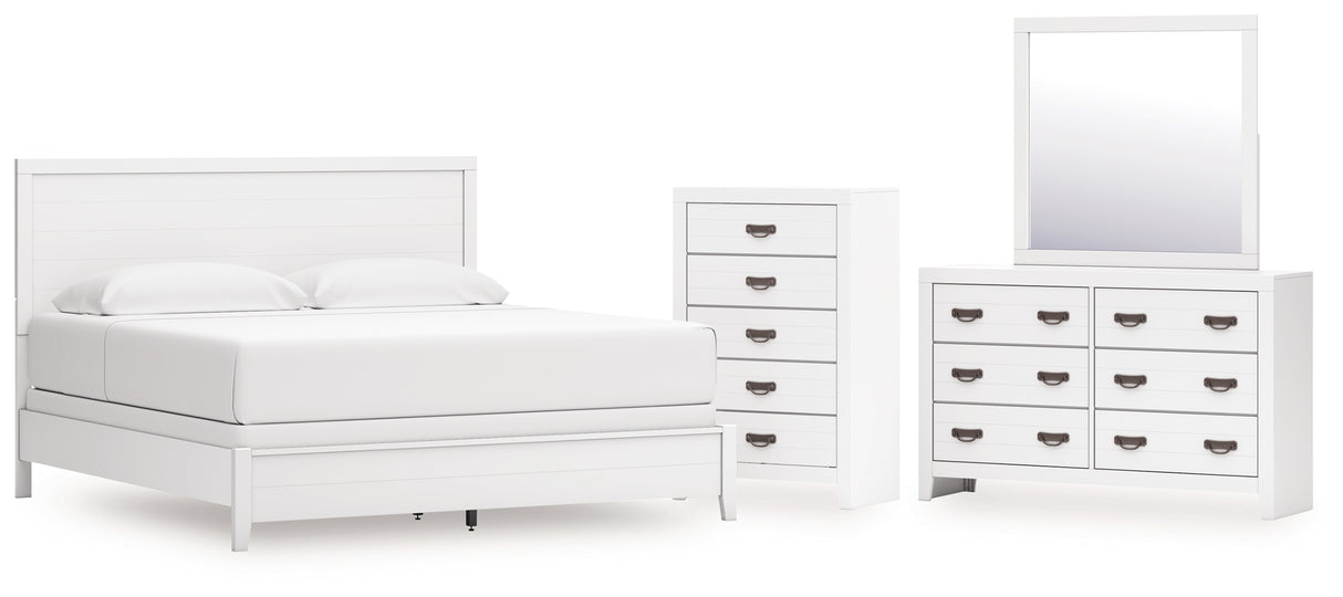 Binterglen King Panel Bed with Mirrored Dresser and Chest in White from Ashley - Luna Furniture