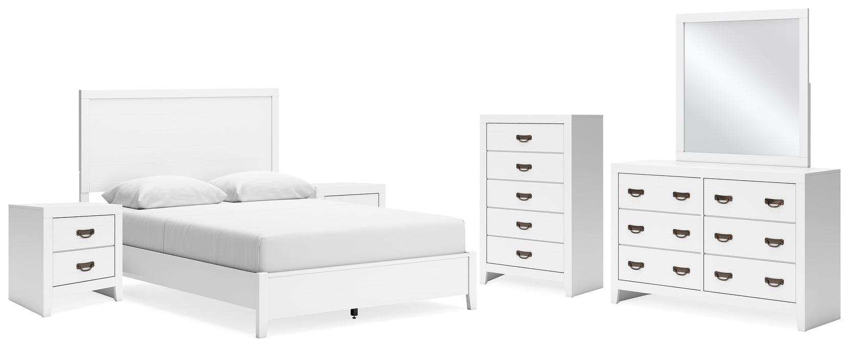 Binterglen Queen Panel Bed with Mirrored Dresser, Chest and 2 Nightstands in White from Ashley - Luna Furniture