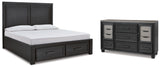 Foyland California King Panel Storage Bed with Dresser in Black/Brown from Ashley - Luna Furniture