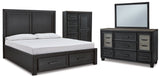 Foyland California King Panel Storage Bed with Mirrored Dresser and Chest in Black/Brown from Ashley - Luna Furniture