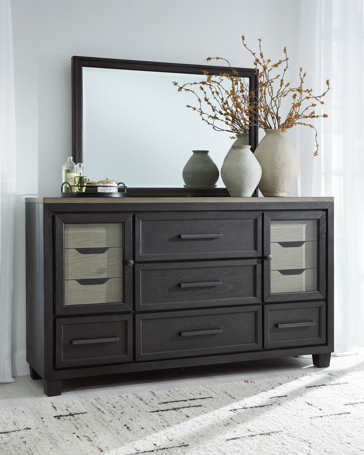 Foyland California King Panel Storage Bed with Mirrored Dresser, Chest and 2 Nightstands in Black/Brown from Ashley - Luna Furniture