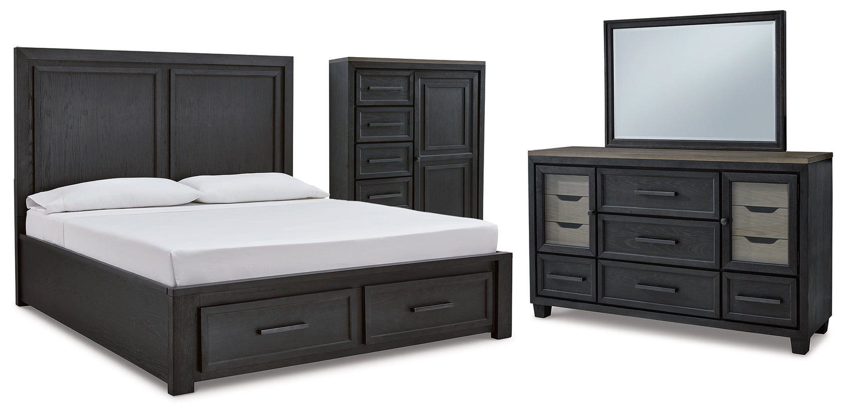 Foyland King Panel Storage Bed with Mirrored Dresser and Chest in Black/Brown from Ashley - Luna Furniture