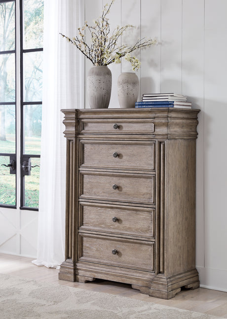 Blairhurst California King Panel Bed with Mirrored Dresser, Chest and Nightstand in Light Grayish Brown from Ashley - Luna Furniture