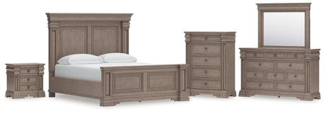 Blairhurst California King Panel Bed with Mirrored Dresser, Chest and Nightstand in Light Grayish Brown from Ashley - Luna Furniture