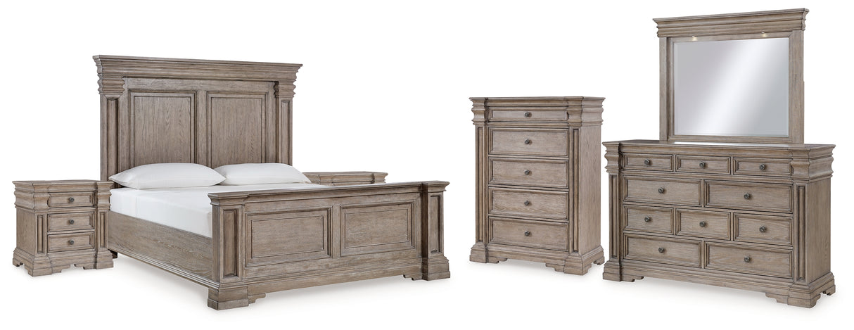 Blairhurst King Panel Bed with Mirrored Dresser, Chest and 2 Nightstands in Light Grayish Brown from Ashley - Luna Furniture