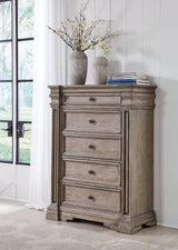Blairhurst King Panel Bed with Mirrored Dresser, Chest and Nightstand in Light Grayish Brown from Ashley - Luna Furniture