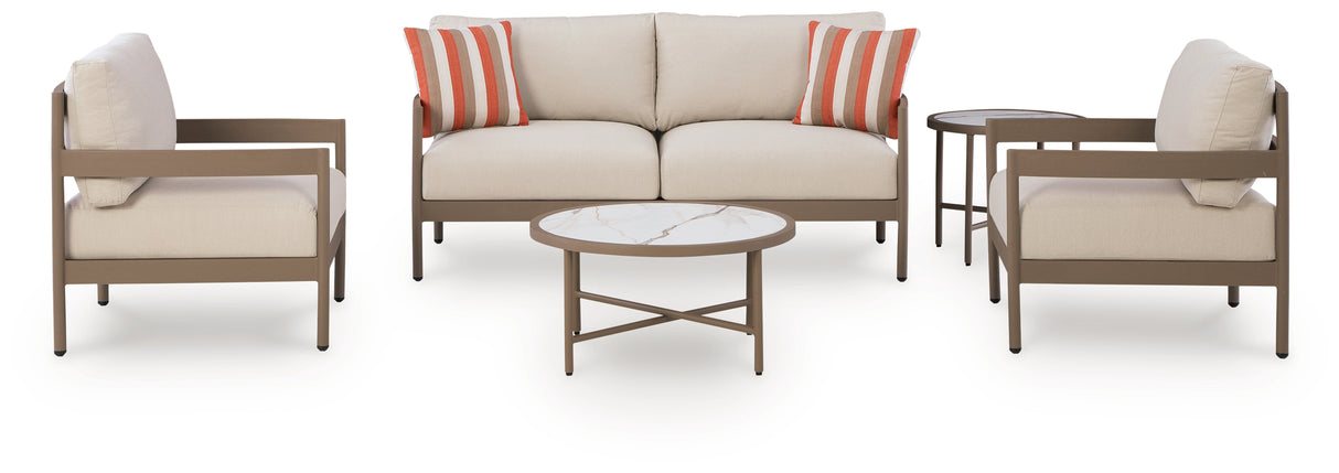 Bluff Trail Beige Outdoor Love/Chairs/Tables Set (Set of 5) from Ashley - Luna Furniture