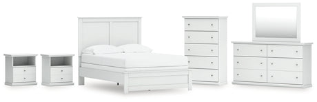 Bostwick Shoals Full Panel Bed with Mirrored Dresser, Chest and 2 Nightstands in White from Ashley - Luna Furniture